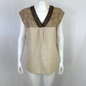 NWT Peck & Peck Tan Linen Top Embellished V-Neck Sleeveless